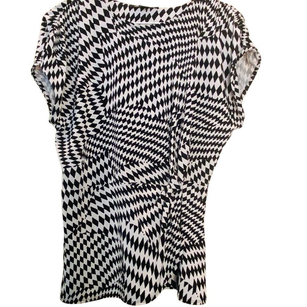 INC International Concepts Geometric Cap Sleeve Knotted Blouse White Black Small